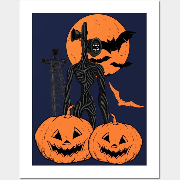 Halloween Siren Head - Orange Moon, Bats and Pumpkins Wall Art by Souls.Print